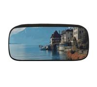 NWTRJ Trousse à crayons en cuir imperméable de grande capacité Motif lac Genève Suisse Pour homme et femme