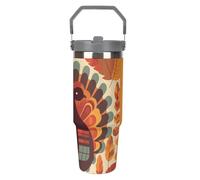 NWTRJ Turkey in Front of Leaves - Gobelet de 887 ml avec poignée sur le dessus - Tasse à café isotherme en acier inoxydable avec couvercle et paille - Bouteille d'eau étanche pour homme et femme