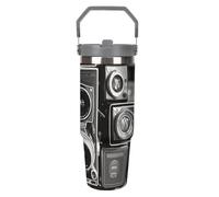 NWTRJ Vintage Camera Gobelet de 887 ml avec poignée sur le dessus en acier inoxydable isotherme avec couvercle et paille - Bouteille d'eau étanche pour homme et femme