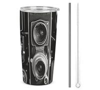 NWTRJ Vintage Camera Gobelet isotherme de 591 ml en acier inoxydable avec couvercle et paille pour café, thé et boissons