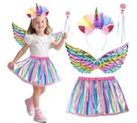 NXPZ 4 Pcs Deguisement Licorne Fille Princess Enfant, Robe Licorne de Princesse, Costume de Jeu de Rôle avec Jupe Tutu, Bandeau, Ailes et Baguette Magique pour Fille Cadeau 3-8 Ans