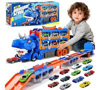 NXPZ Camion de Transport Dinosaure Jouet pour Enfants, Jeu de Voiture à Piste Pliante avec Lanceur 3 en 1, Comprend 12 Voitures de Course, Jouet Portable, Cadeau pour Enfants de 3 4 5 6 7 8 Ans