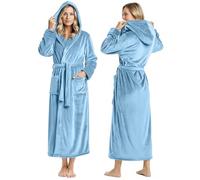 NY Threads Peignoir de bain long en polaire pelucheuse avec capuche pour femme, bleu ciel, Small