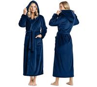 NY Threads Peignoir long en polaire à capuche pour femme, bleu marine, Large