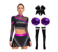 Nyeemya Adulte Costume D'Entraînement Et De Spectacle 4 Pcs Set Top Manches Longues Jupe Stocking Boîte De Nuit Soirée Halloween Pompons Violet XL