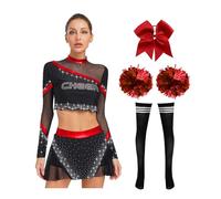 Nyeemya Adulte Costume D'Entraînement Et De Spectacle 4 Pcs Set Top Manches Longues Jupe Stocking Boîte De Nuit Soirée Halloween Pompons Rouge M
