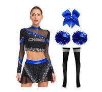 Nyeemya Adulte Costume D'Entraînement Et De Spectacle 4 Pcs Set Top Manches Longues Jupe Stocking Boîte De Nuit Soirée Halloween Pompons Bleu royal L
