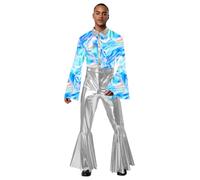 Nyeemya Corset Imprimé Mode À Manches Évasées Revers Magnifique Combinaison Disco Pour Homme Pantalon Évasé En Métal Halloween Fête À Thème S-3xl Argent S