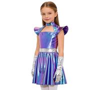 Nyeemya Enfants Costume D'Alién D'Halloween Tenue Robot L'Espace Robe Froncée Avec Gants Carnaval Soirée Cinéma Mascarade Robe D'Espace Iridescent 5-6 ans