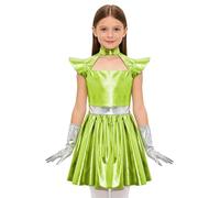 Nyeemya Enfants Costume D'Alién D'Halloween Tenue Robot L'Espace Robe Froncée Avec Gants Carnaval Soirée Cinéma Mascarade Robe D'Espace Vert fluorescent 11-12 ans