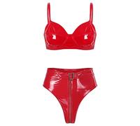 Nyeemya Ensemble Lingerie de Nuit Femme Soutien Gorge Cuir Brillant Push Up Brassière Corp Top et Strings Seduction Adulte Clubwear Nightwear Rouge M