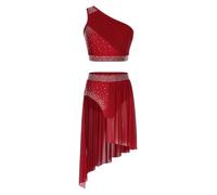 Nyeemya Haut De Danse avec Jupe Irrégulier Femme Ensemble De Danse Lyrique Latine Ballet Robe De Danse en Maille Bourgogne M