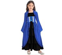 Nyeemya Robes Renaissance Gothique Costume Robe Renaissance Fille Victorien Halloween Manche Longue Tenue Mascarade Cosplay Carnaval 6-16 Ans Bleu royal 11-12 ans