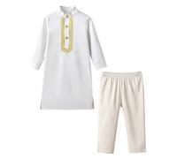 Nyeemya Tenue De Prière Arabe pour Enfants Garçons Caftan Musulman Manches Longues Côtelé avec Pantalon Costume De Fêtes Musulmanes Blanc 12-18 Mois