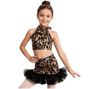 Nyeemya Vestido competición Baile Latino niño Tres piezas Estampado Leopardo Sin Mangas Brun 5-6 Ans