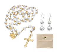 NYGGTYK 1 Collier De Perles Croisées, 1 Paire De Boucles d'oreilles en Perles, Sac De Rangement De Bijoux 1 Morceau, Coffre-Fort Catholique De Bijoux, Décoration De Chapelet Croisée Vintage.