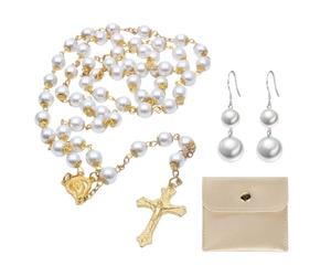 NYGGTYK 1 Collier De Perles Croisées, 1 Paire De Boucles d'oreilles en Perles, Sac De Rangement De Bijoux 1 Morceau, Coffre-Fort Catholique De Bijoux, Décoration De Chapelet Croisée Vintage.