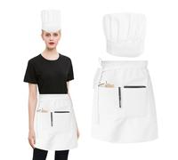 NYGGTYK 1 tablier de longueur moyenne, 1 toque de cuisinier, tablier de serveur, toque de chef réglable, avec poches, unisexe, vêtements de cuisine, ensemble de vêtements de restauration, blanc