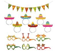 NYGGTYK 6 Morceaux De Bandeau De Chapeau Mexicain, 6 Morceaux De Verres Mexicains, 1 Morceau De Drapeau Triangulaire, Accessoires Photo Drôles, Chapeau De Bande, Décorations De Fête Mexicaines