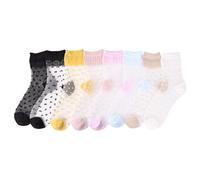 NYGGTYK Lot de 6 paires de chaussettes fantaisie en dentelle pour femme - Chaussettes transparentes en nylon - Chaussettes à paillettes pour femme - Chaussettes à volants - Chaussettes à la mode -