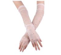 NYGGTYK Paire de Gants en Résille Perlée - Longs Sans Doigts, Tulle Transparent pour Robe de Mariée (Blanc), Taille Unique