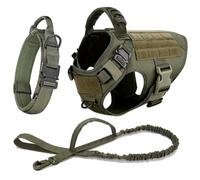 Nylon Adjustable Military Tactical Dog Harnness Collar Lash Set Labrador German Berger Bulldog Bulldoor Training Outdoor Training Hunting Walking,Green Set,M