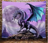 NYMB Tapisserie de dragon violet trippy, gothique lune, anime psychédélique dragon sur montagne, art hippie pour chambre à coucher, esthétique, fantaisie médiévale, poster cool (228,6 x 178,8 cm)