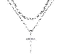 Nymerianoble Collier avec croix pour homme et femme en acier inoxydable - Collier avec croix de Jésus - Doré et argenté - Chaîne figaro cubaine superposée - Bijoux cadeaux pour femmes et hommes, Acier