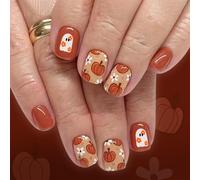 Nymora 24 Faux Ongles Press-on Halloween Courts, Motifs Fantômes et Citrouilles Orange, Effet Gelée, pour Femmes et Filles.