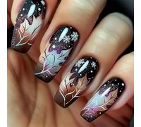 Nymora 24 Ongles Press-On Carrés Petits avec Kit d'Outils - Ongles Faux à Coller pour Femmes et Filles, Design Flocons de Neige et Feuilles, Parfait pour Automne et Hiver