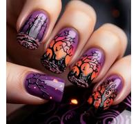 Nymora 24 Ongles Press-On d'Halloween, Ongles Autocollants Courts, Ongles Artificiels Courts Noir Violet Forme Amande, Forêt Hantée Faux Ongles pour Femmes et Filles