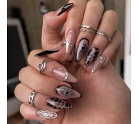 Nymora 24 Ongles Press - On Longs, Forme Amande, Ongles Artificiels Faits Main à Coller - Noir, Amour, Automne Hiver - Pour Femmes et Filles