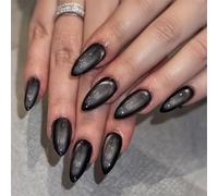 Nymora 24 Press On Nails Noir, faux ongles œil de chat, dentelle stiletto amande avec aspect gel chromé scintillant, y compris colle et lime, pour manucure de fête pour femmes