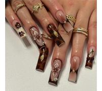 Nymora 24 Stück Kleine Quadratische Press On Nails, Kunstnägel zum Aufkleben für Damen und Mädchen, inklusive Werkzeugset, Nägel zum Aufkleben, Blumen Leopardenmuster, Herbst Winter Design