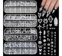Nymora 4 Boîtes de Charms pour Ongles Argentés, Design d'Ongles Y2K avec Pendentifs Métalliques en Étoile & Lune, Avec Pince et Craie, Accessoires DIY de Loisirs Créatifs pour Femmes et Filles