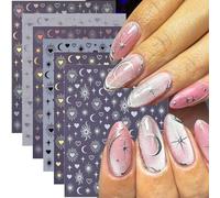 Nymora 6 Feuilles Décals à Ongles en Forme d'Étoile pour Design d'Ongles Or Argent Laser Étoiles Lune Stickers 3D Autocollants Noir Blanc Étoile Lune Soleil Décals Célestes pour Ongles pour Femmes