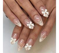 Nymora Faux Ongles Courts Amande Nude Blanc - 3D Noeud Papillon Fleurs Perles Style Coquette - Y2K Rose Poudré Dentelle