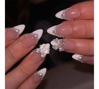 Nymora - Faux ongles French press-on nude, amande, avec nœud 3D, fleurs et perles - Style Y2K rose poudré - Kit gel effet jelly - 24 pièces - pour femmes et filles