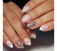 Nymora Ongles Faux à Coller, 24 Ongles Pressés avec Motif Léopard Pailleté, Design en Forme d’Amande pour Femmes & Filles, Application Facile avec Colle et Limette