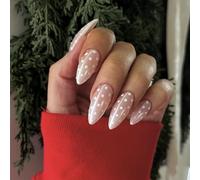 Nymora Press On Nails Almond, 24 Ongles Artificiels en Nu à Pois Polka-Dot avec Points Blancs, Ongles Autocollants Réutilisables Full Cover, Application Facile pour Manucure Française