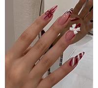 Nymora Press On Nails, Ongles Faux à Coller, 24 Pièces Design Rayures Rouges & Rubans, Pointes Françaises, Ongles Faux de Taille Moyenne pour Femmes & Filles