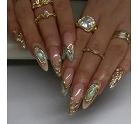 Nymora Set de Faux Ongles Press On - Forme Amande, Bleu Foncé Marbré Rayures Or Oeil de Chat - Ongles Artificiels pour Femmes et Filles Avec Colle à Ongles - Style Bijou Automne Hiver