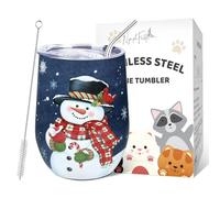 NymphFable 12oz Mug Isotherme en Acier Inoxydable, Bonhomme de Neige Tasse à Café en Verre à Vin avec Couvercle et Paille
