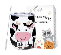 NymphFable 12oz Mug Isotherme Vache Mignonne avec Couvercle et Paille Gobelet en Acier Inoxydable Tasse à Eau en Verre sans Tige