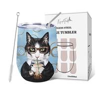 NymphFable 350ml Chat Cool Mug Isotherme de Voyage, Tasse à Café Double Paroi avec Paille et Couvercle