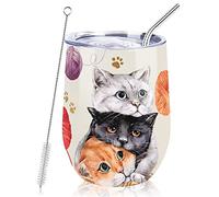 NymphFable 350ML Chat Laine Mug Isotherme de Voyage, Tasse à Café Double Paroi avec Paille et Couvercle