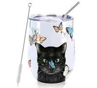 NymphFable 350ML Chat Mug Isotherme de Voyage, Tasse à Café Double Paroi avec Paille et Couvercle