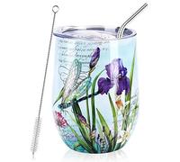 NymphFable 350ML Mug Isotherme de Voyage Libellule Fleurs, Tasse à Café Double Paroi Étanche avec Couvercle