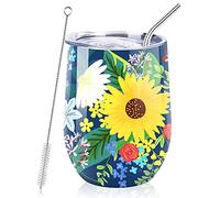 NymphFable 350ML Mug Isotherme de Voyage, Tasse d'eau Acier Inoxydable Double Paroi à Motif Fleurs avec Paille et Couvercle