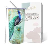 NymphFable 560ML Mug Isotherme de Voyage Paon, Tasse à Café Double Paroi Grande Étanche avec Couvercle